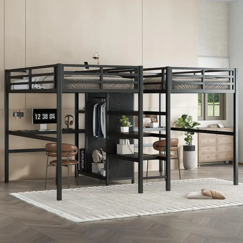 

Twin Over Twin Metal Bunk Bed with Double Desk, Wardrobe, Shelves for Two Kids, Space-Saving, Noise-Reduced, Black