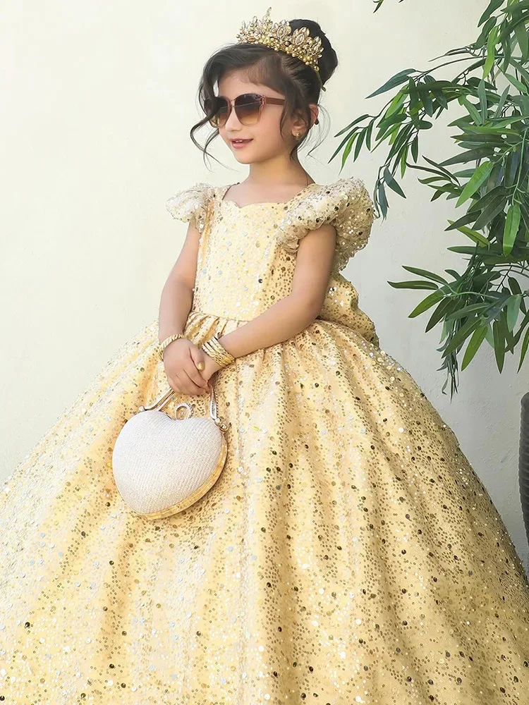 

Customized Gold Flower Girl Dresses For Wedding Square Collar Sequins Satin With Bow Princess Elegant Luxurry Kids Pageant Gown