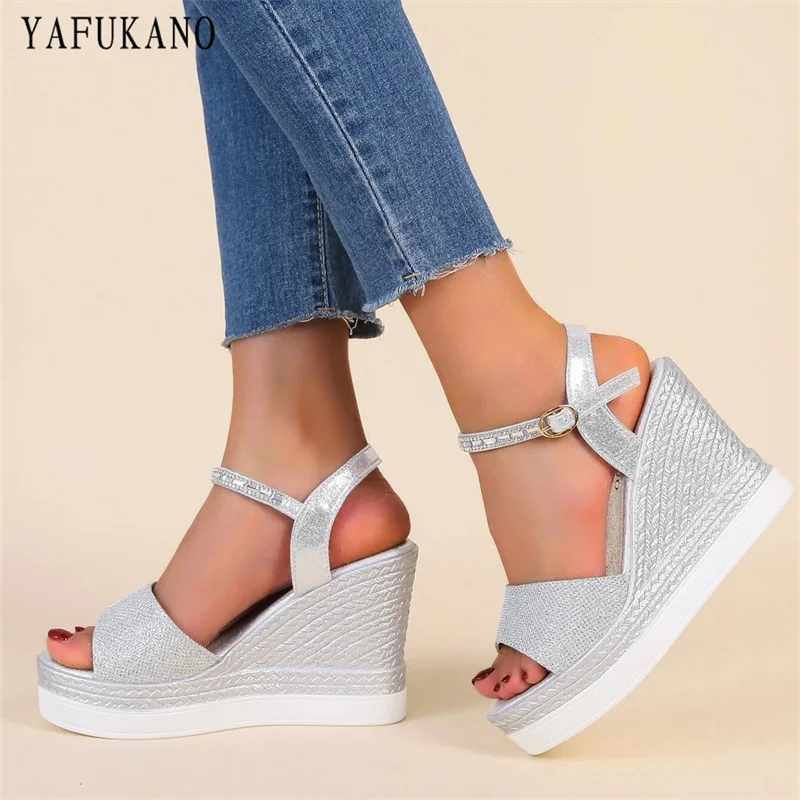 Glitter Ankle Strap Wedge Sandals Silver Party Wedding Shoes Fashion Platform High Heels Open Toe Women Pumps Small Size 33