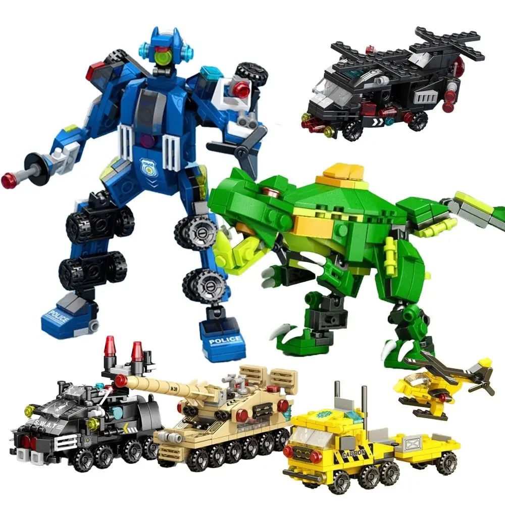 Transformable Building Blocks Tank Helicopter Steam Train Building Bricks Set Police Car 6-in-1 Dinosaur Building Toy