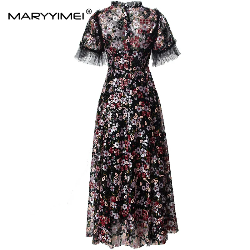 MARYYIMEI Fashion Design Summer Women's Dress Short-Sleeved Sequins Chic Elegant Party Black Ball Gown S-4XL Dresses