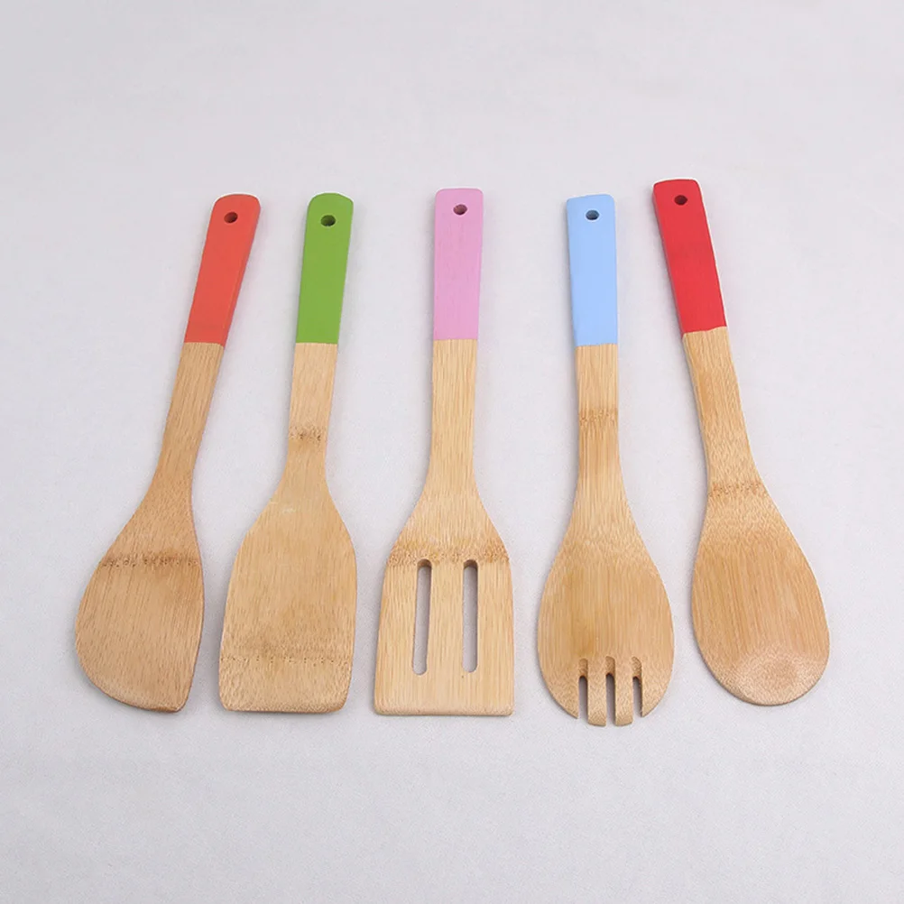 

5Pcs Bamboo Spatula Cooking Utensils Set Multi-Color Ergonomic Handles Safe for Non-Stick Ceramic Cast Iron Cookware