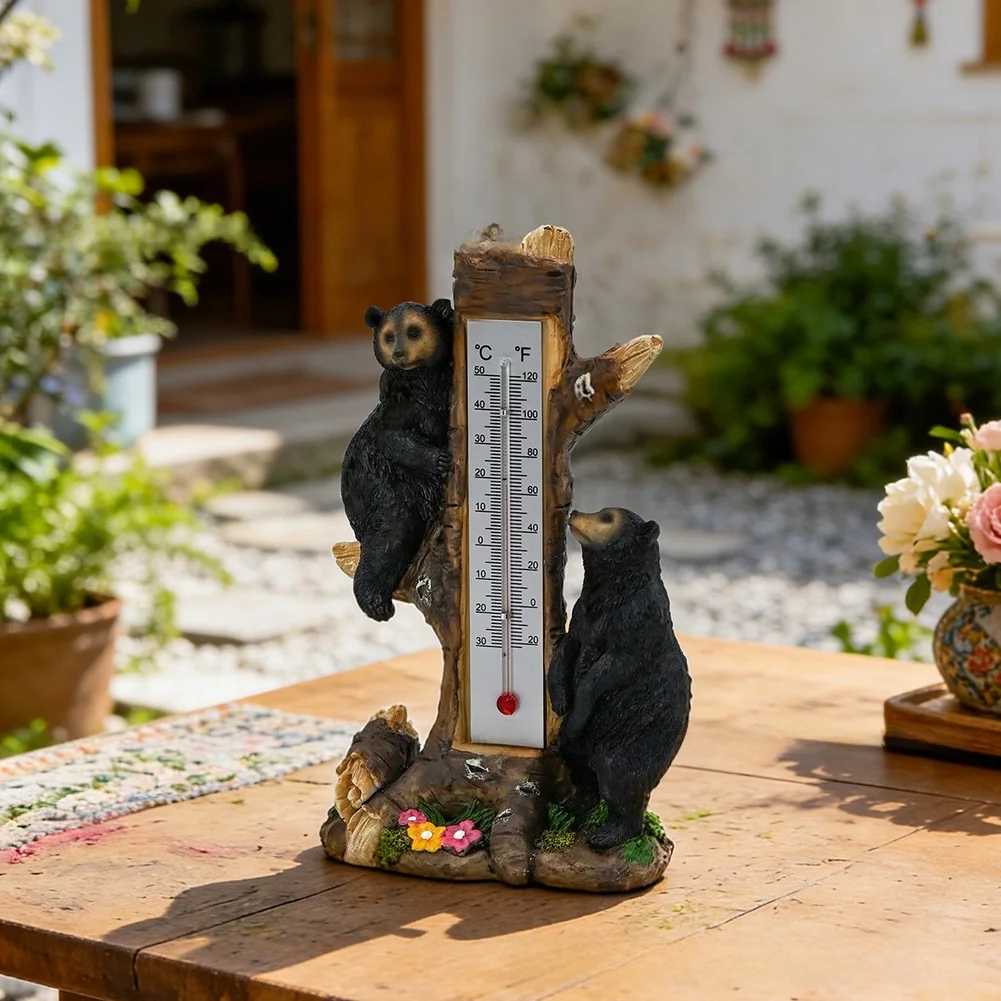 Functional Bear Thermometer Decor Statue Made of Synthetic Resin for Garden Yard Patio and Indoor Space Enhancement