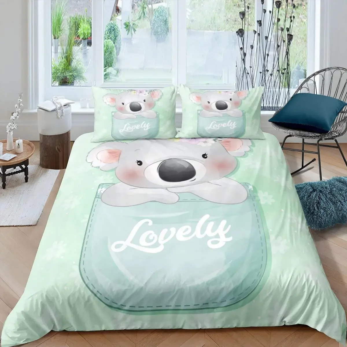 Cartoon Koala Kids Duvet Cover, Lovely Koala Comforter Cover for Children Toddler Nursery Cute Bear Quilt Cover with Pillowcase