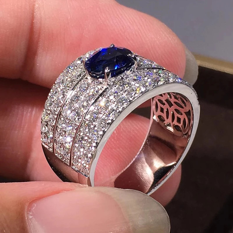 Huitan Sparkling Women Rings with Oval Blue CZ Wide Band Gorgeous Wedding Accessories Silver Color Brilliant Fashion Jewelry