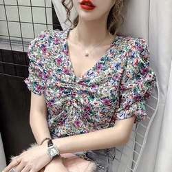 Tops For Women Summer 2020 Vintage Korean V Neck Ruched Flower Short Sleeve Chiffon Floral Print Blouse Shirt Top Women Clothing