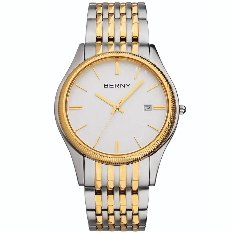 BERNY-Montre à Quartz pour Homme, Bracelet en Acier Inoxydable, Étanche, Saphir, Mode Moderne, Montre-Bracelet Classique