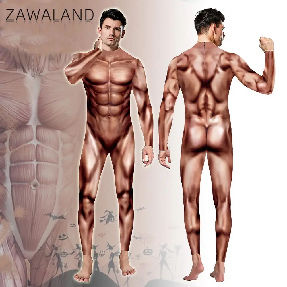 

Zawaland Funny Muscle 3D Printing Purim Festival Party Zentai Bodysuit Women's Jumpsuits Halloween Cosplay Costumes for Men