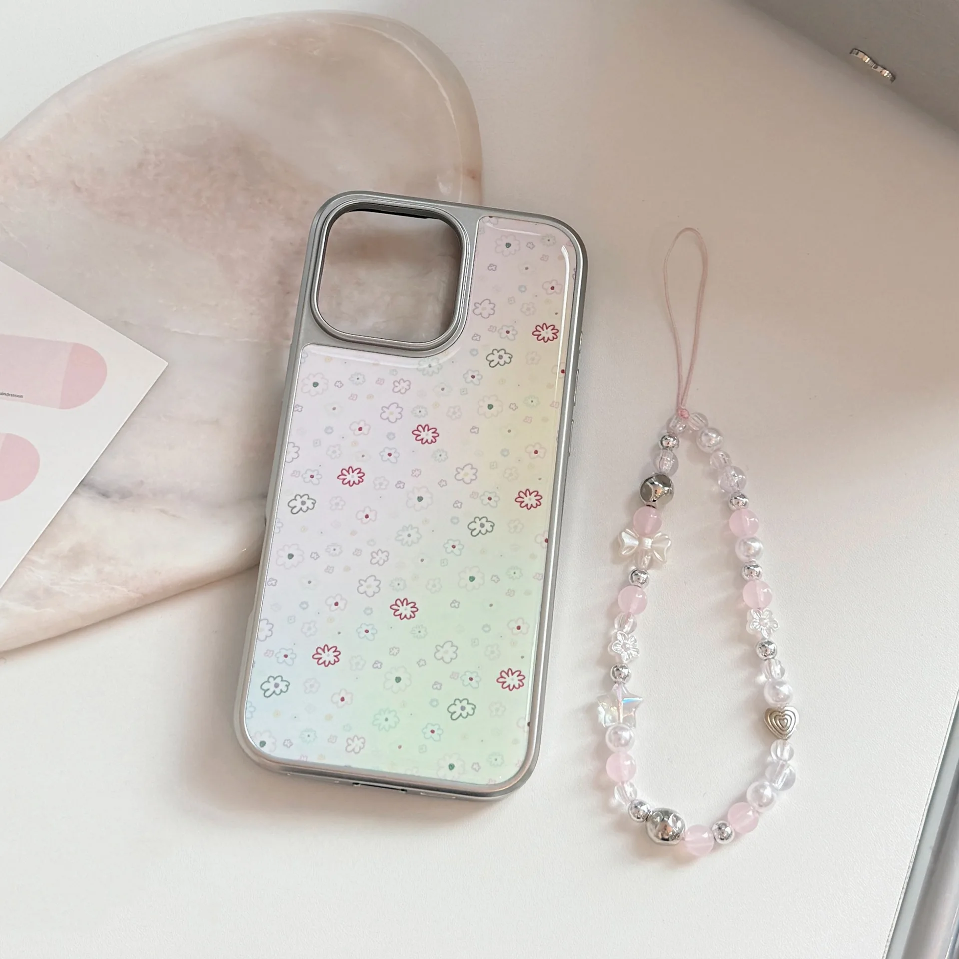 Funda de teléfono con pegamento en forma de gota, borde plateado Floral colorido degradado coreano para iPhone 16 15 14 13 12 Pro Max, funda protectora a prueba de golpes