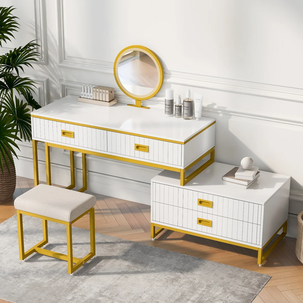 Modern Style Vanity Table With Movable Side Cabinet And 4-Drawers, Large Size Dressing Table With Mirror and 3-colors LED Light