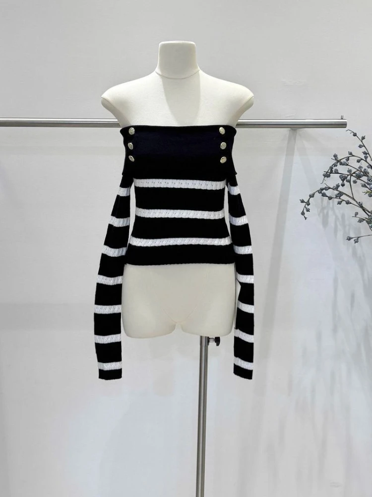 

Новые готические винтажные тонкие вязаные футболки в полоску с длинными рукавами, женские осенние сексуальные пуловеры с открытыми плечами Y2k, трикотаж для горячих девушек 2025