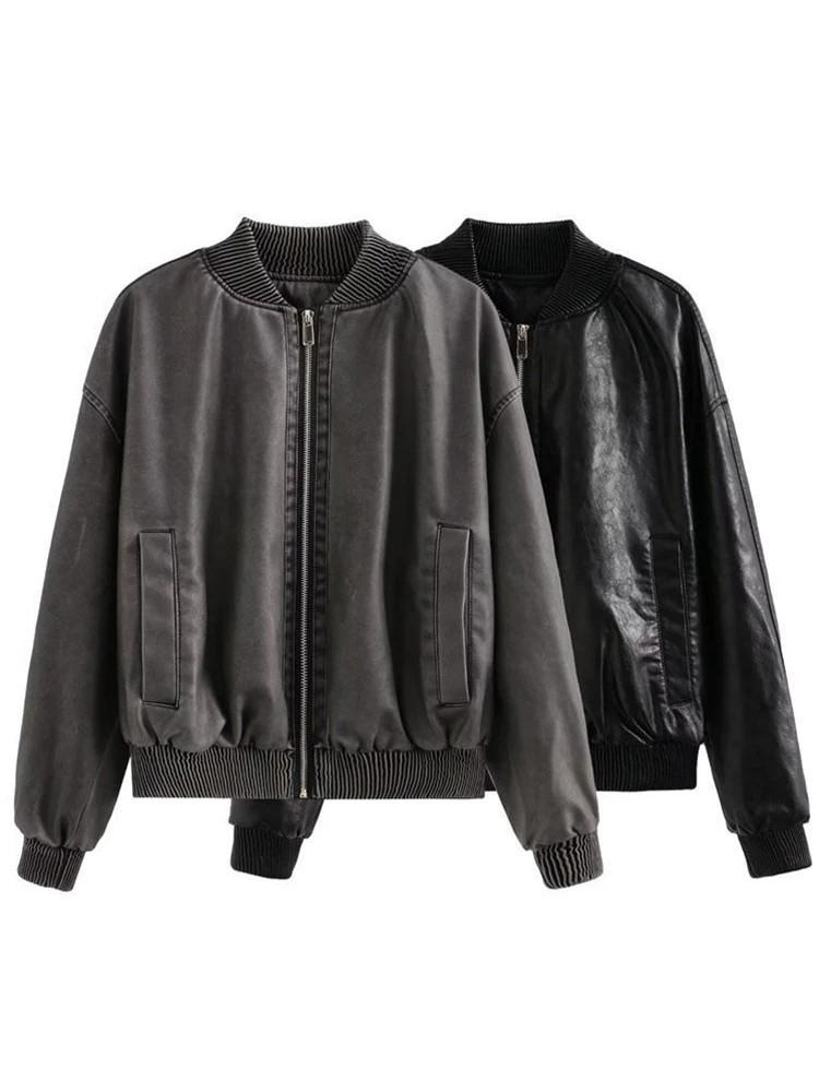 Bomber Leather Jacket Woman Fashion Faded-Effect Coat Vintage Casual Long Sleeve Outerwear Aviator Loose High Street Zip Jacket