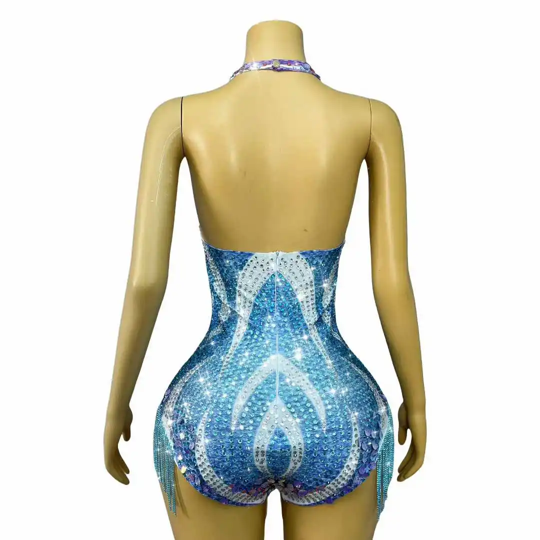 Sexy Twinkling Seashell Sequins Crystals Chains V-neck Bodysuit Women Blingbling Performance Fashion Show Photoshoot Stage Wear