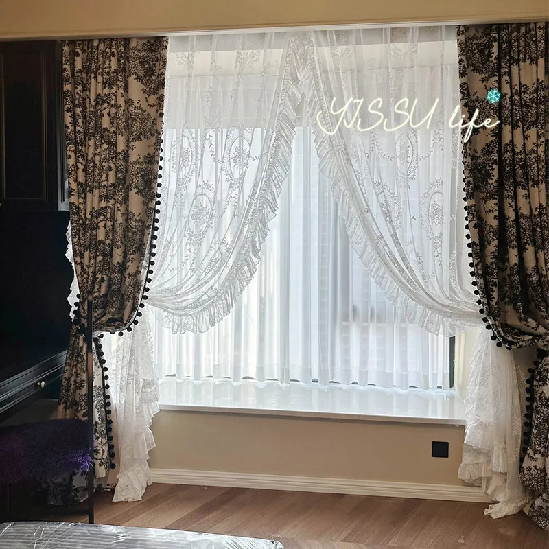 Customized Black Retro Bayberry Jacquard Chenille Curtains for Living Room Bedroom Balcony French Window Finished Window Screen