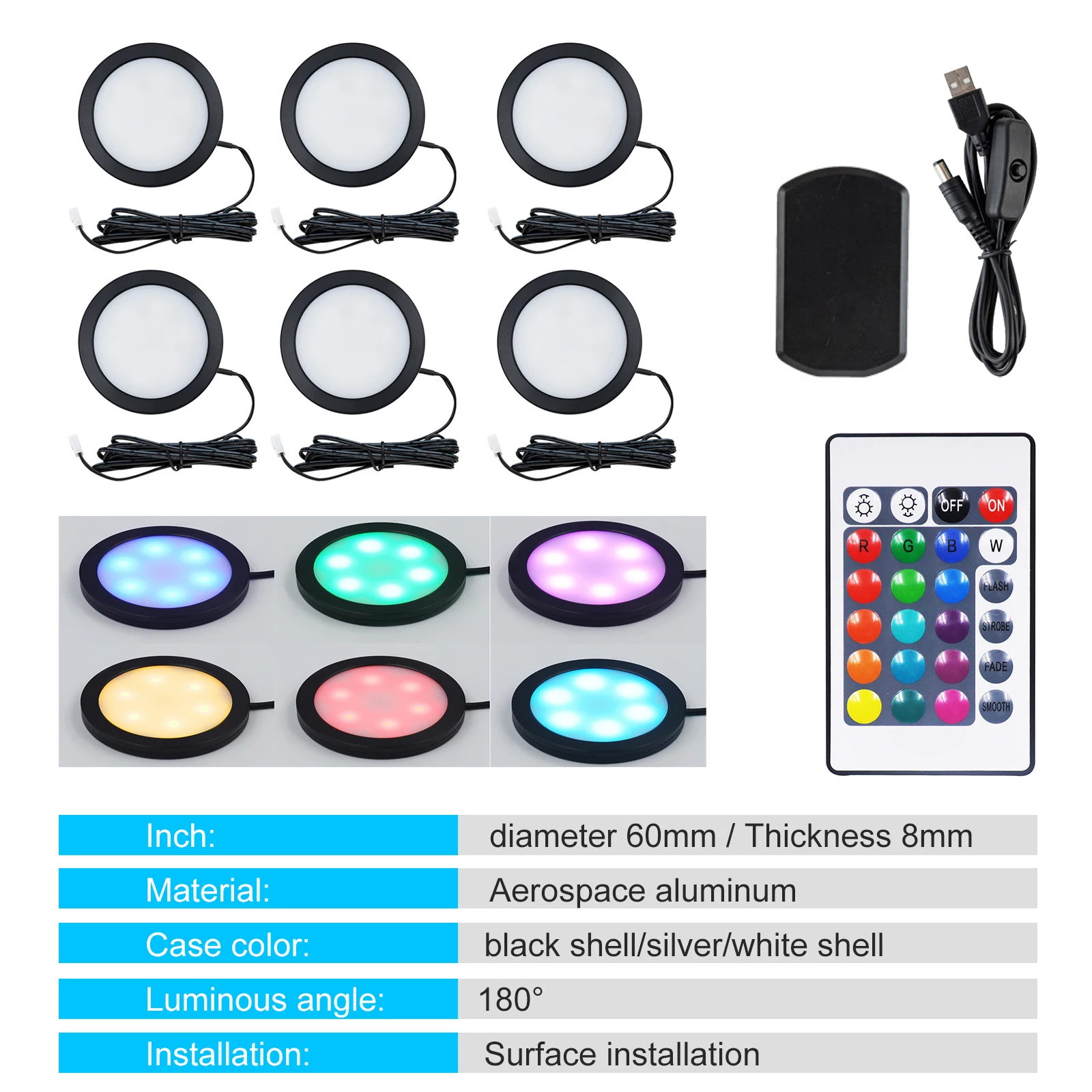 DC5V 3W Adhesive RGB Under Cabinet Light 24Key Remote Control 1/2/4/6 Lights Dimmable Ceiling Lighting for Kitchen Wardrobe Room