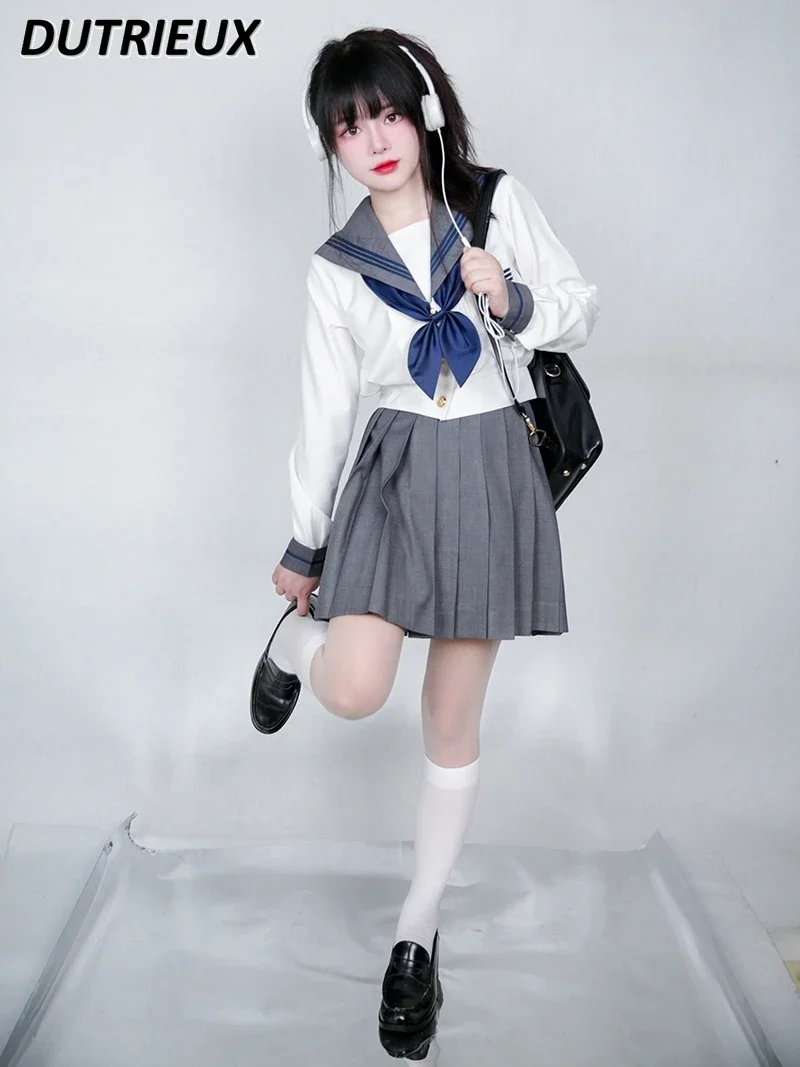 JK Original Spring New Long Sleeve Sailor Suit College Style Tight Waist Japanese Top and Short Pleated Skirt Two-Piece Set