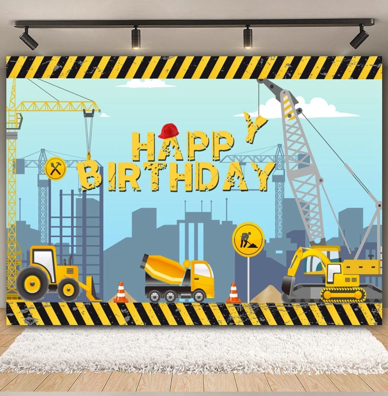 خلفية عيد ميلاد لفريق البناء للتصوير الفوتوغرافي للأولاد وحفلات استقبال المولود الجديد ورافعة شاحنة المرور وحفارة خلفية استوديو الصور #4