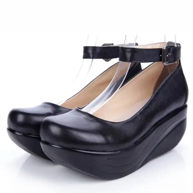 TIMETANG New Women\'s Genuine Leather Platform Shoes Wedges Black Lady Casual Shoes Swing High Heels shoe Plus Size 34-43