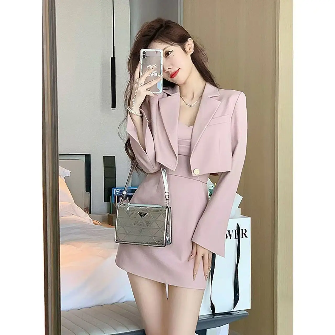 French Pink Elegant New Two Piece Set Women Blazer Coat + Strap Dress Sets Female Casual Korean Fashion 2pcs Suit 2024 Autumn