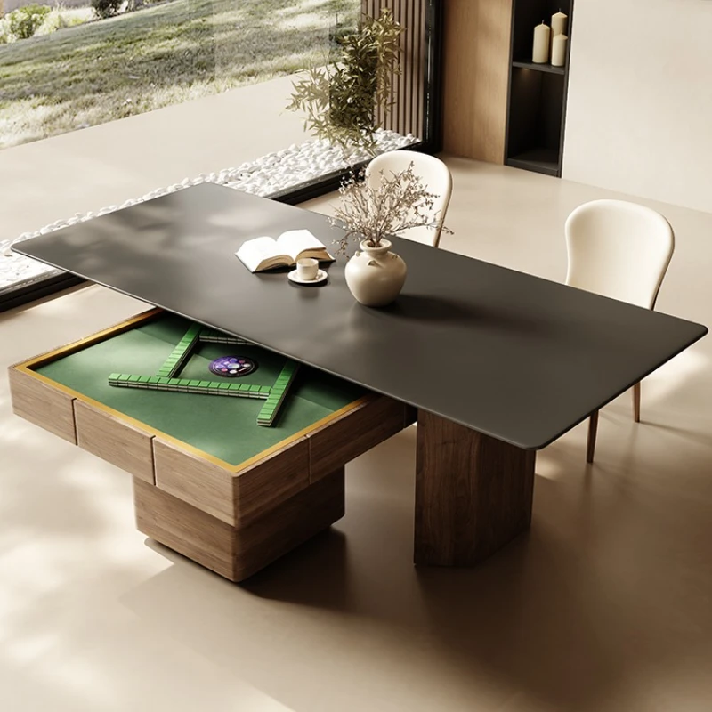 Rock slab dining table and chair lifting mahjong table machine household small apartment medium and ancient style advanced sense