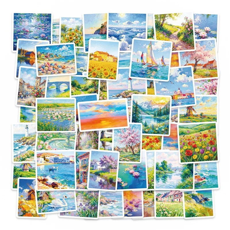 

56PCS Landscape Oil Painting PVC Sticky Sticker Aesthetic DIY Decoration Phone Laptop Luggage Skateboard Graffiti Decals