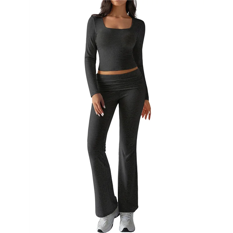 

ABP-Lounge Sets For Women 2 Piece Casual Y2K Outfits Short Sleeve Cropped Tops Fold Over Flare Pants Tracksuits