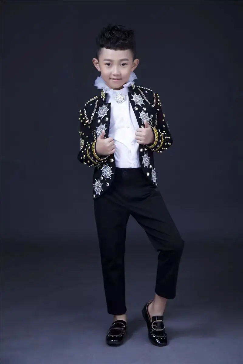 Boys girls Cool Metal decoration Chains Royal Jacket Model Walk Show Performance Coat Chorus Leading Stage Wear