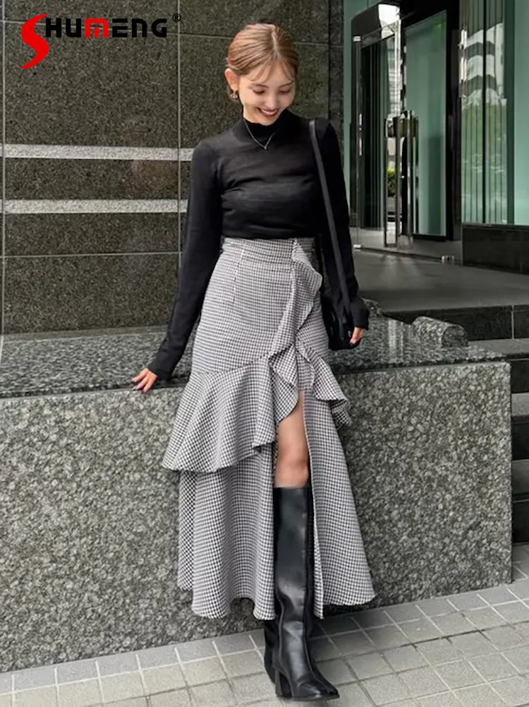 

2026 Spring Summer Japanese Style New Women's High Waist Slimming Irregular Plaid Skirt Lady Fashion Casual Versatile Long Skirt