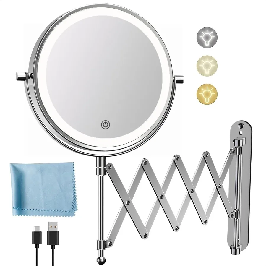 

Rechargeable Wall Mounted Makeup Mirror 8 Inch Double Sided 1X 10X Magnifying Mirror with 3 Color Lights Dimmable Touch Screen