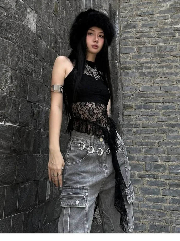 Canottiera sexy con lacci in pizzo con scollo all'americana da donna Dark Street Spicy Girl Slim Fit irregolare Crop Top Canotte Y2k senza maniche trasparenti retrò