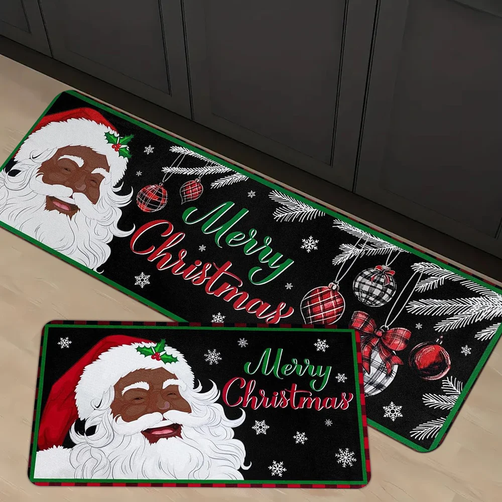 VIKAMA Classic Christmas Kitchen Rug Set Non Slip Washable Black Background Santa Bauble Pine Branch Snowflake Runner Holiday