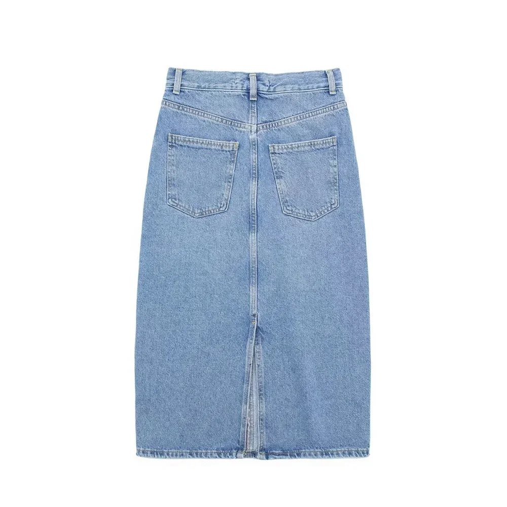 

2024ZAR * Spring/Summer New Women's Wear American Retro Fashion with High Waist Back Split Straight Midi Denim Skirt