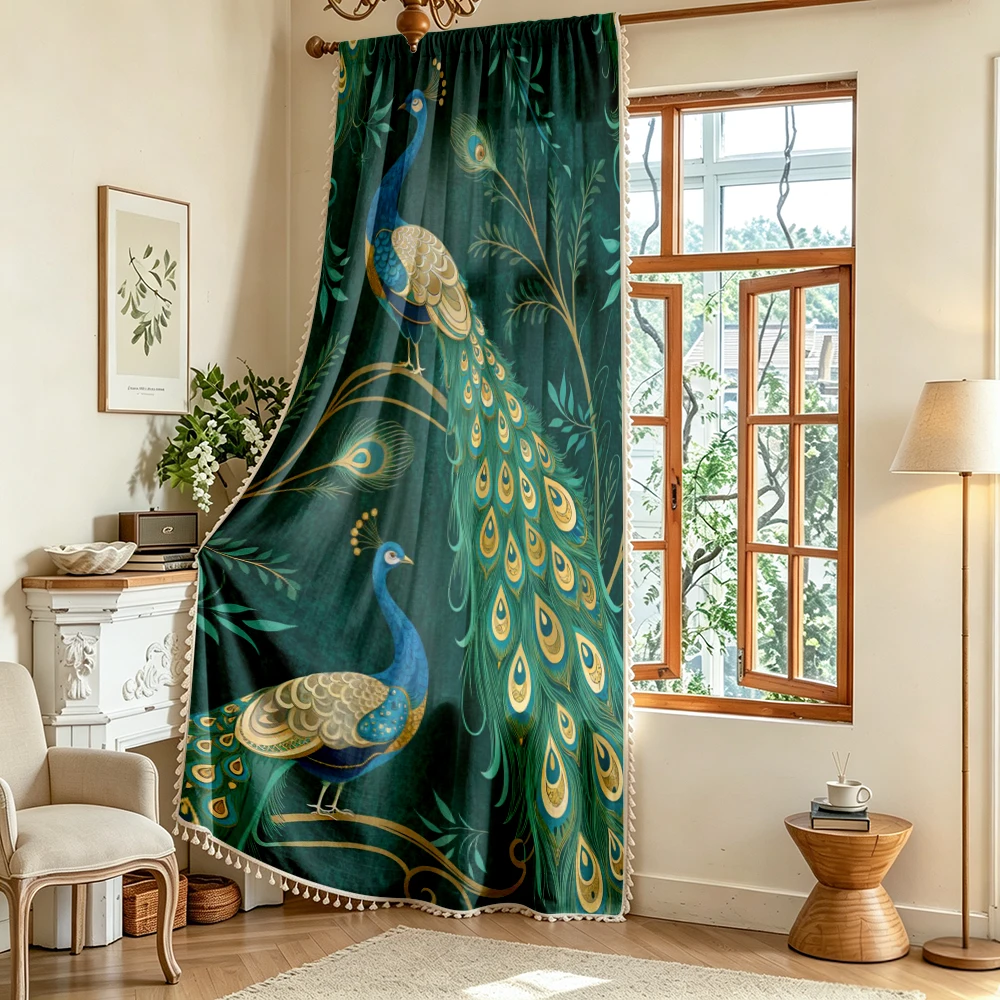 1PC Animal Tassel Sheer Curtains, Peacock Feather, Digital Print, Polyester, Bedroom Living Room, Rod Pocket, Home Decor