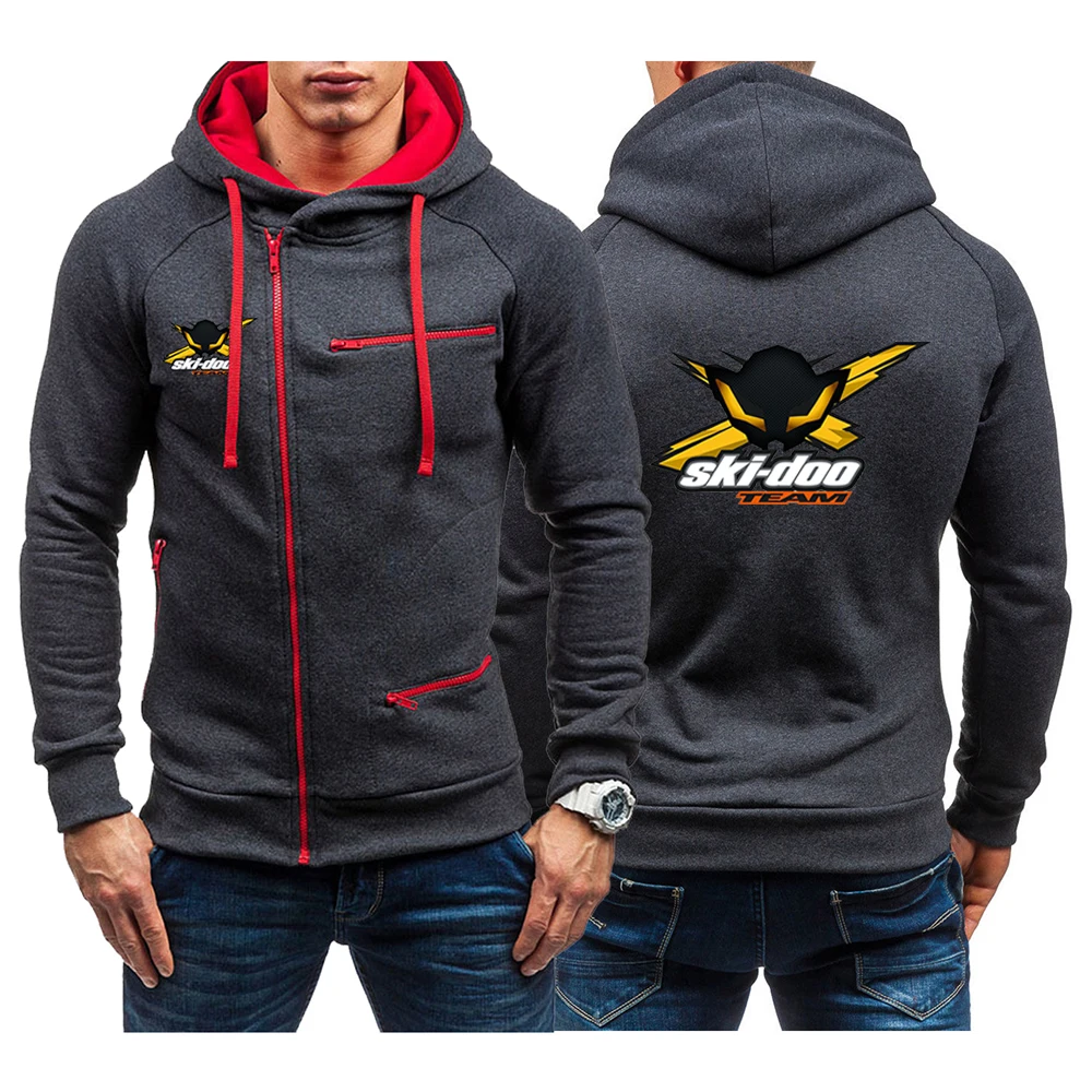 2023 New Spring Autumn Ski Doo Can-am Logo Print Casual Hooded Sweatshirts Men's Solid Color Oblique Zipper Comfortable Hoodies