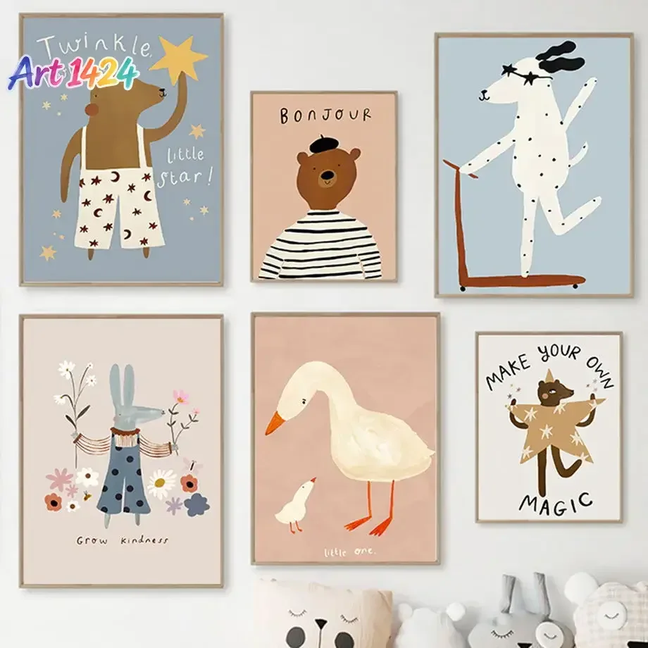 Funny Scooters Spotted Dog Bear Rabbit Duck Wall Art Canvas Painting Nordic Posters Prints Nursery Pictures Baby Kids Room De