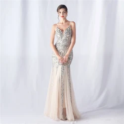 Ladies vestido de festa Women Summer Sexy Spaghetti Strap V Neck Backless Sequined Evening Wedding Party Long Mermaid dress