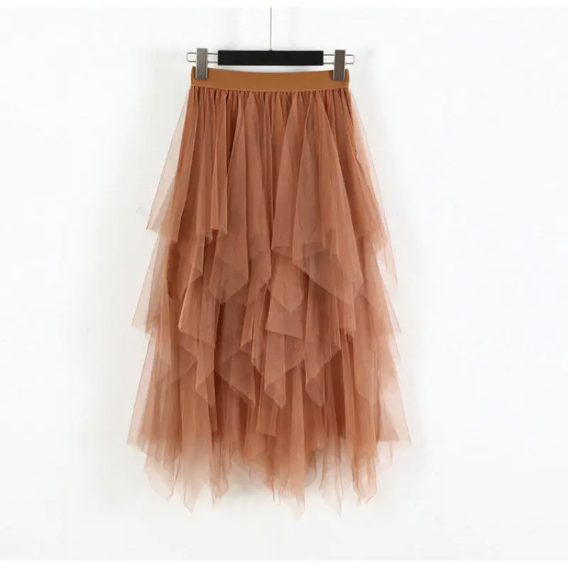 Women Elastic High Waist Irregular Mesh Stitching Wild Long Paragraph Skirt Solid Color