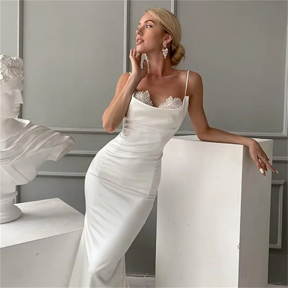 Customized White Satin Mermaid Wedding Dress For Bride Lace Appliques Spaghetti Straps Long Bridal Gowns Formal Dress With Train