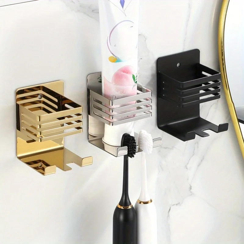 Wall Mount Toothbrush Holder, No Drill Bathroom Organizer Rack, Multifunctional Storage for Toothpaste Cosmetics, Space Saving