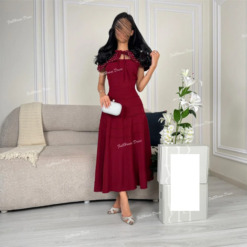 فستان سهرة مطوي بياقة قارب مصنوع حسب الطلب على شكل حرف a فستان زفاف مطرز بطول الشاي مع سترة فساتين سهرة