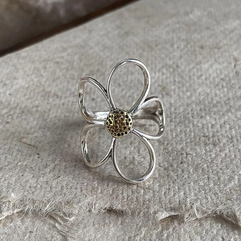 Foxanry Silver Color Hollow Daisy Ring For Women Girls Creative Vintage Minimalist Trendy Sweet Elegant Daily Party Jewelry Gift