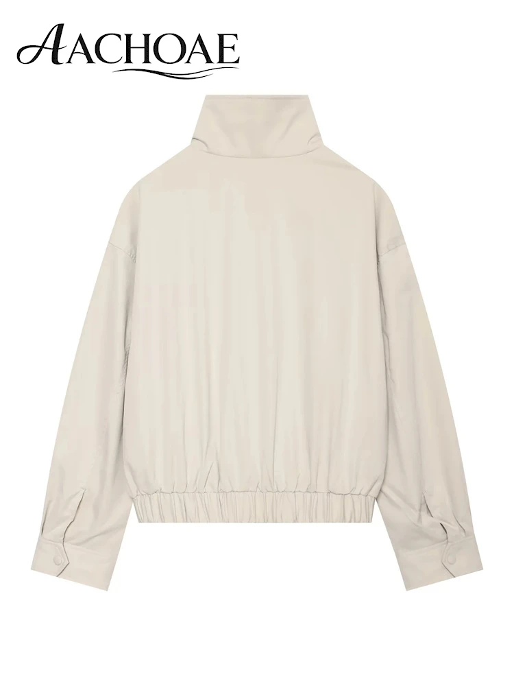 AACHOAE Women's High Collar Jacket Minimalist Belted Cropped Jacket Asymmetric Snap Button Casual Bomber Coat Outerwear