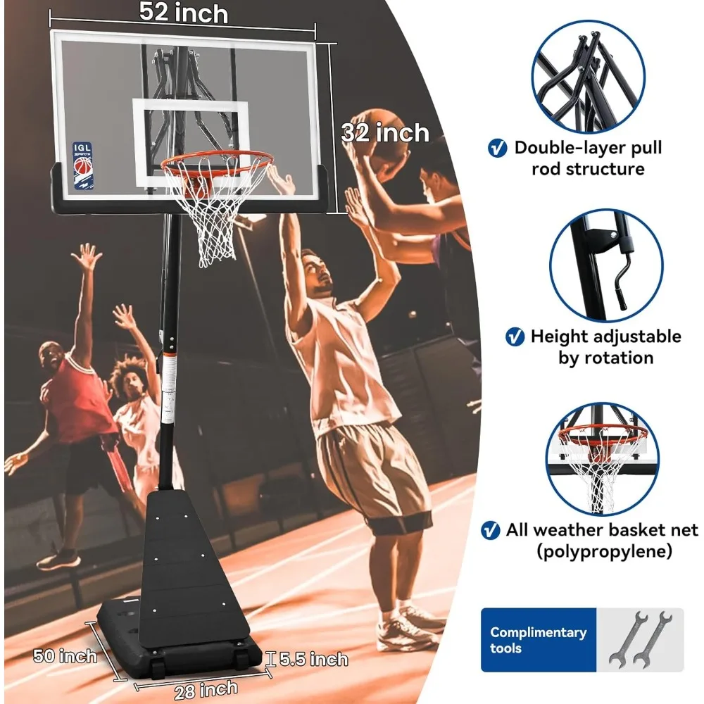 Cesta de basquete externa portátil com 52 cestos inquebráveis, altura ajustável até 10 pés, ideal para todas as idades e níveis de habilidade