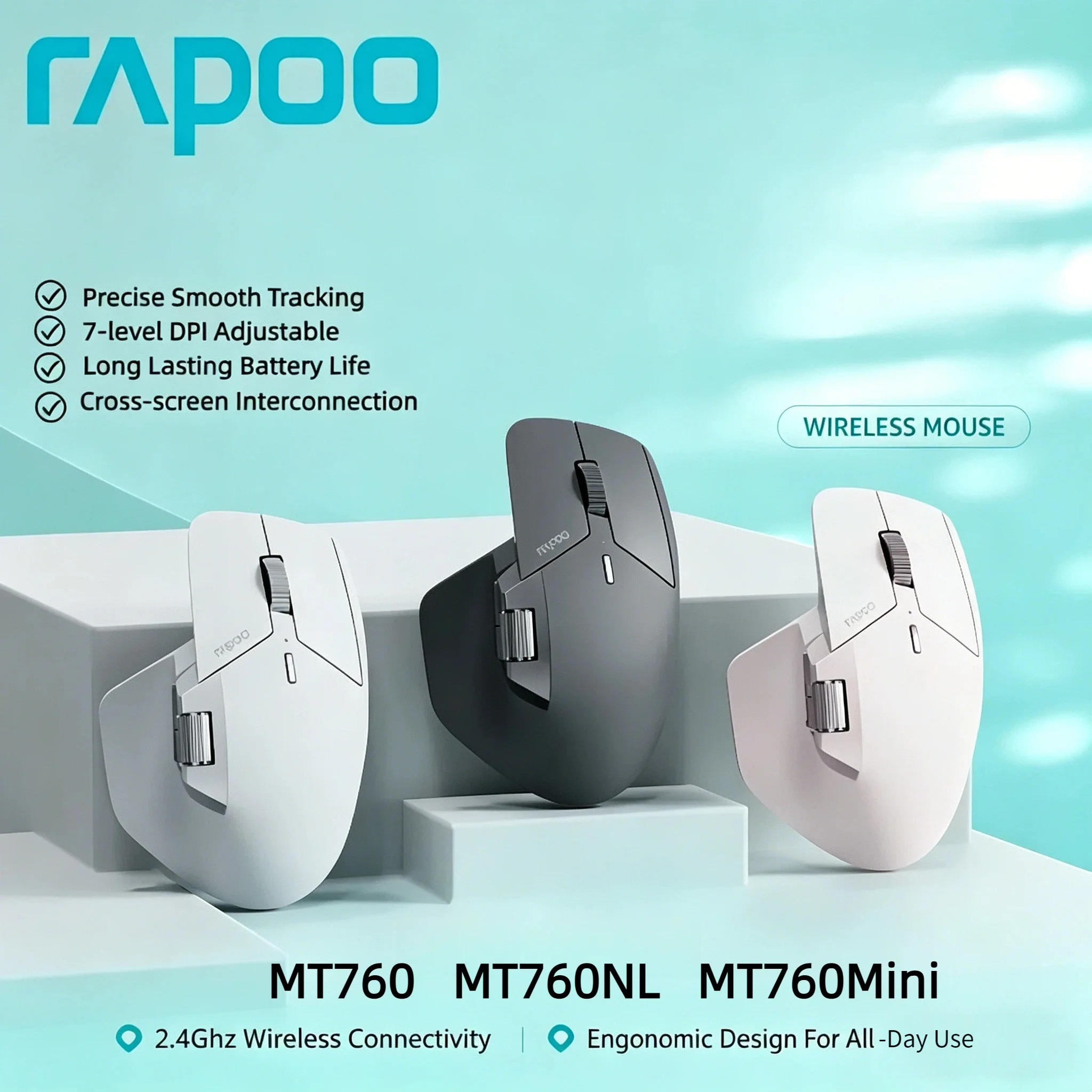 

Rapoo Wireless Mouse MT760 MT760Mini Multi-mode Rechargeable Bluetooth Ergonomic 4000 DPI Support 4 Devices For Work Pro Max