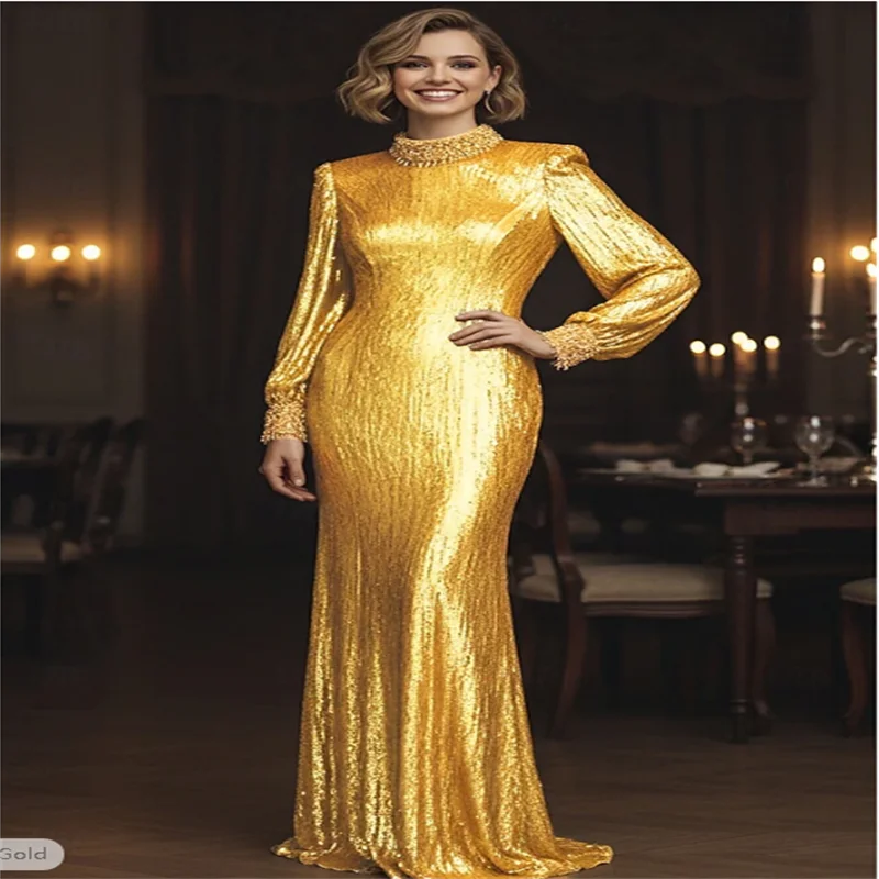 Column Mother of the Bridal Desses Formal Evening Gown Elegant Vintage Long Sleeve High Neck Sequined with Rhinestone Crystals