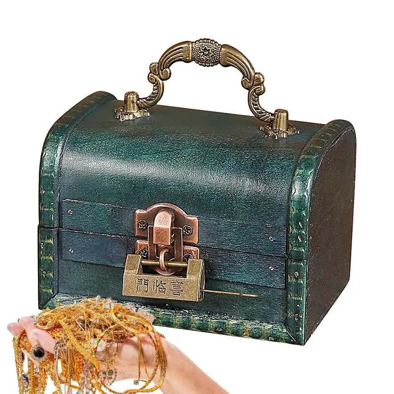 Vintage Wooden Jewelry Box Decorative Containers Retro Green Earring Organizer With Lock Retro Treasure Box Keepsake Box