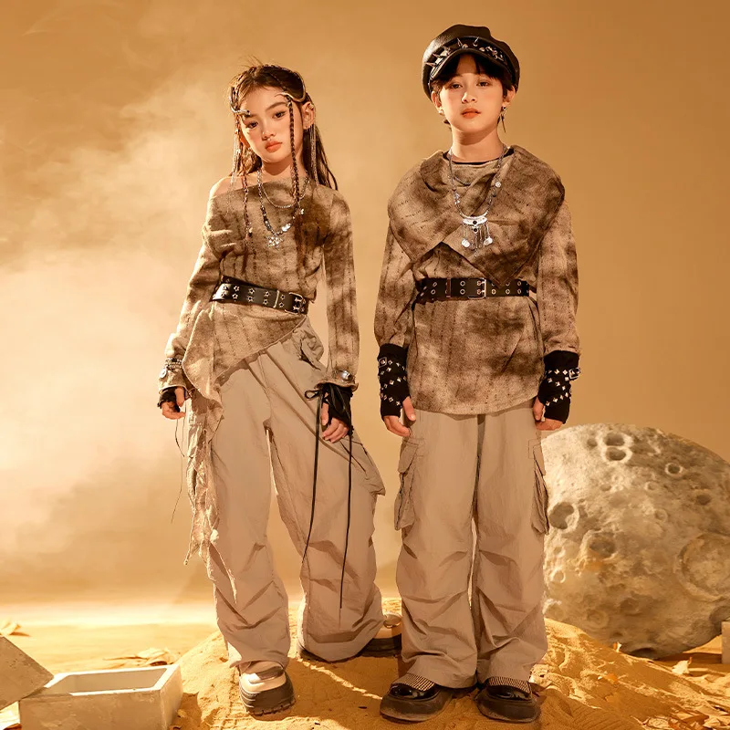 طفل القفار نمط الهيب هوب الملابس القهوة المتعثرة أعلى رمادي عارضة السراويل البضائع واسعة لفتاة صبي الجاز ملابس رقص الملابس #1