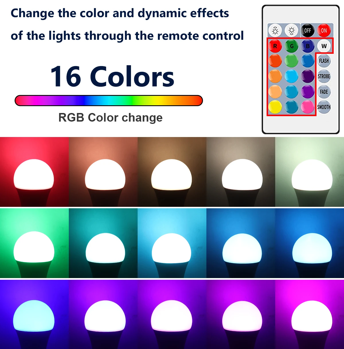 LED RGB A60 Bulb Multicolor light E27/B22 Base 16 Colors AC100-240V Smart lighting Dimmable 24 Key Remote Control