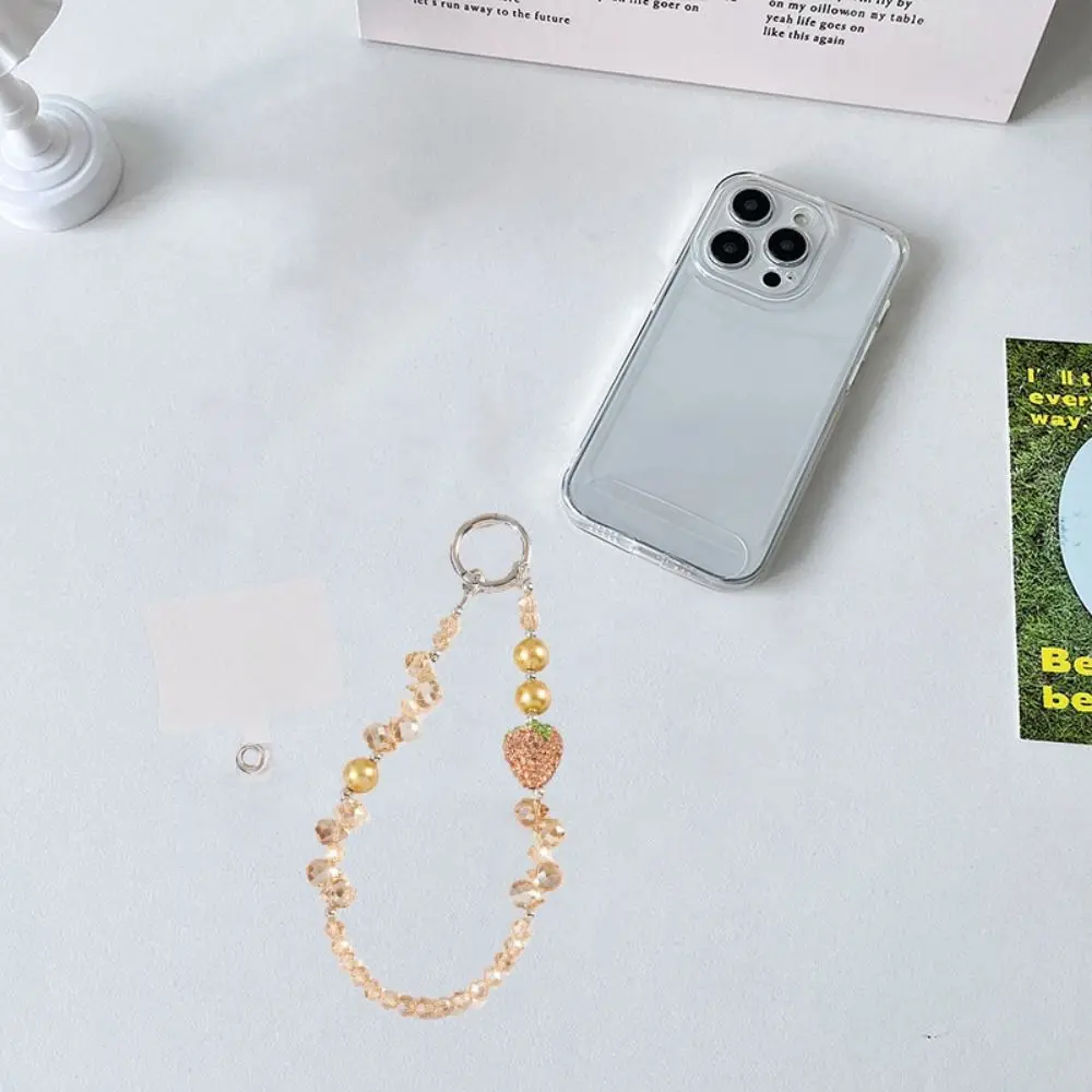 With Clip Strawberry Crystal Pendant Short Anti-lost Bling Strawberry Phone Chain Light Luxury Style Jewelry