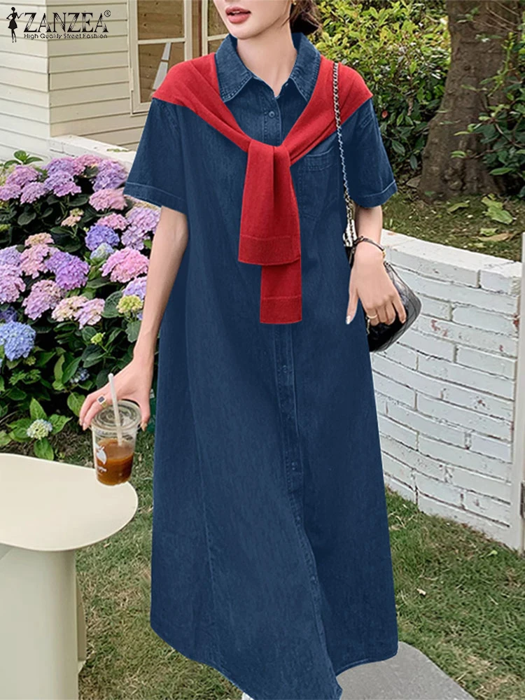 

ZANZEA Fashion Women Lapel Neck Short Sleeve Denim Blue Sundress 2025 Summer Dress Elegant Work Vestidos Casual Button Midi Robe